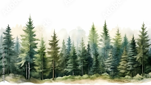 Watercolor painting of green forest woods trees wallpaper, seasonal background, generative ai © pawczar