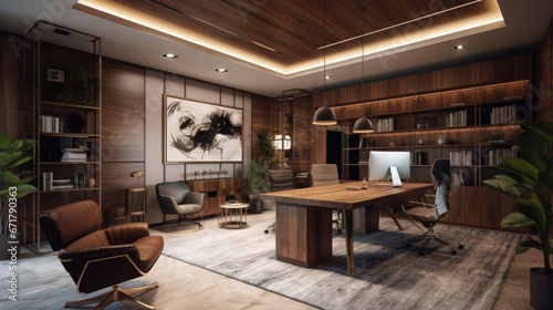 Modern office with wood paneling and a desk.