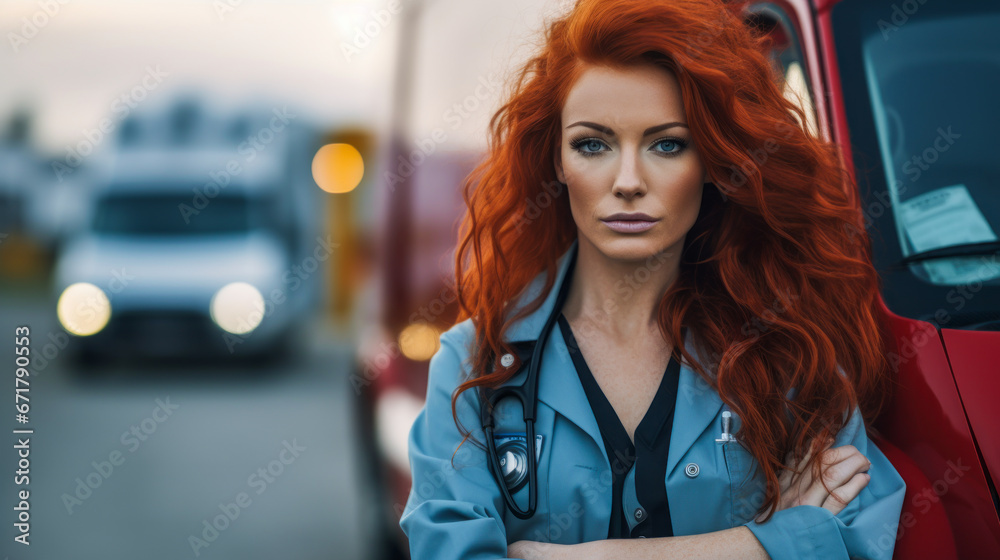 Sensual redhead doctor with wind-tossed hair in front of a blurry ambulance Sensual redhead doctor with wind-tossed hair in front of a blurry ambulance