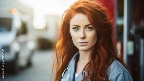 Redhead female doctor with windblown hair in front of ambulance.