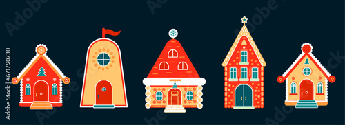 Set of cartoon houses with festive Christmas decor. Cozy Christmas Village. Cute whimsical building with bell. Scandinavian style architecture. Flat vector illustration.