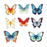 Watercolor colorful butterflies set on white background
