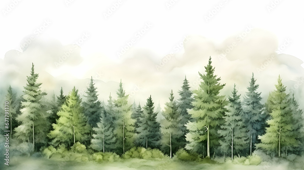 Fototapeta premium Watercolor painting of green forest woods trees wallpaper, seasonal background, generative ai
