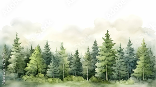 Watercolor painting of green forest woods trees wallpaper, seasonal background, generative ai