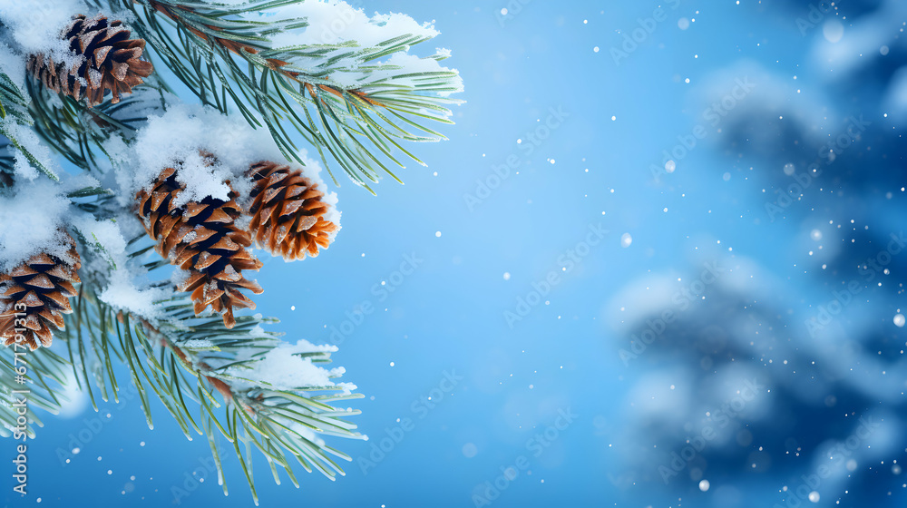 Winter cedar tree spruce branch with cones on blue background. Christmas backdrop with copy space. Panoramic view. Generative AI.