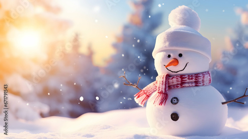 Winter holiday christmas background banner. Closeup of happy snowman in a red scarf and hat. Magic spruce forest in the snow. Sunny light backdrop. Generative AI.
