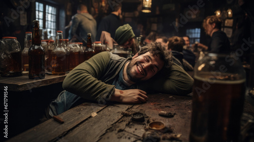 Drunk man lying laughing on the wooden table of a bar   pub  in the background partying people having fun
