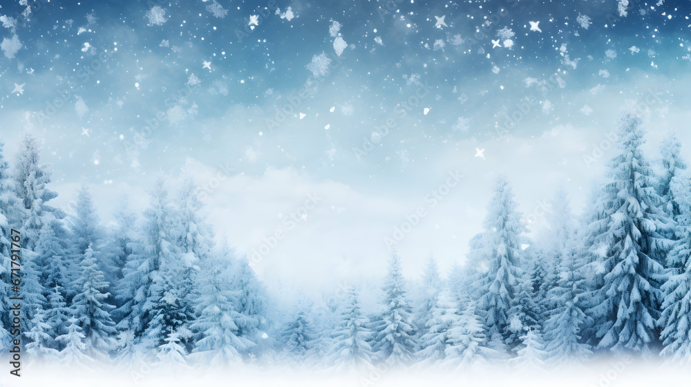 Festive winter background with Christmas trees covered with falling snow. Spruce branches covered with fluffy fresh snow. Seasonal background. Magical atmosphere with lights. Copy space. Generative AI
