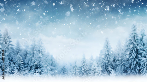Festive winter background with Christmas trees covered with falling snow. Spruce branches covered with fluffy fresh snow. Seasonal background. Magical atmosphere with lights. Copy space. Generative AI © pawczar