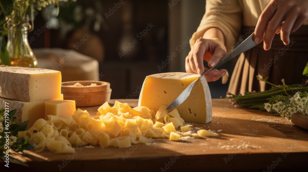 A woman slices various cheeses for the cheese plate.