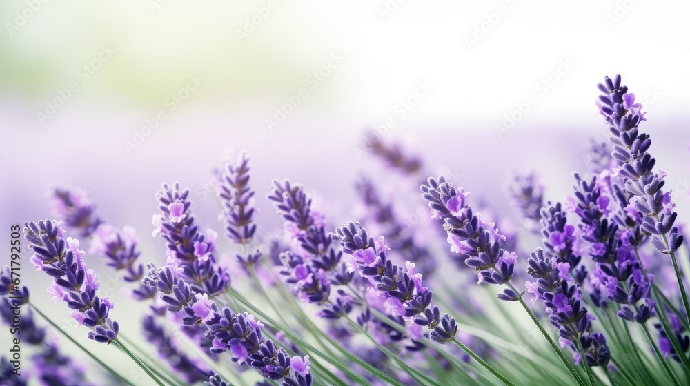 Obraz premium A close-up of a vibrant, purple lavender plant with thin, elongated leaves. Its aromatic, fragrant blooms bring a calming and soothing vibe, perfect for garden and spas