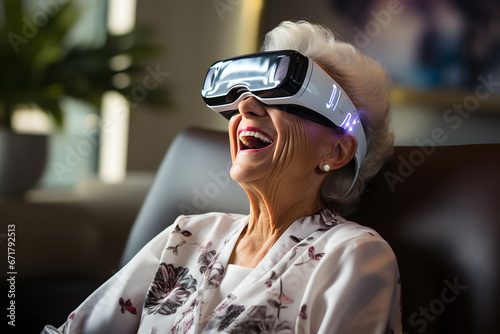 portrait of a happy older woman wearing virtual reality headset. ia generated © ImagineStock