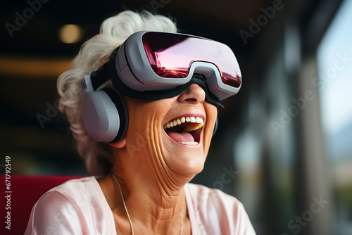 Close-up portrait of a happy older woman wearing virtual reality headset. ia generated
