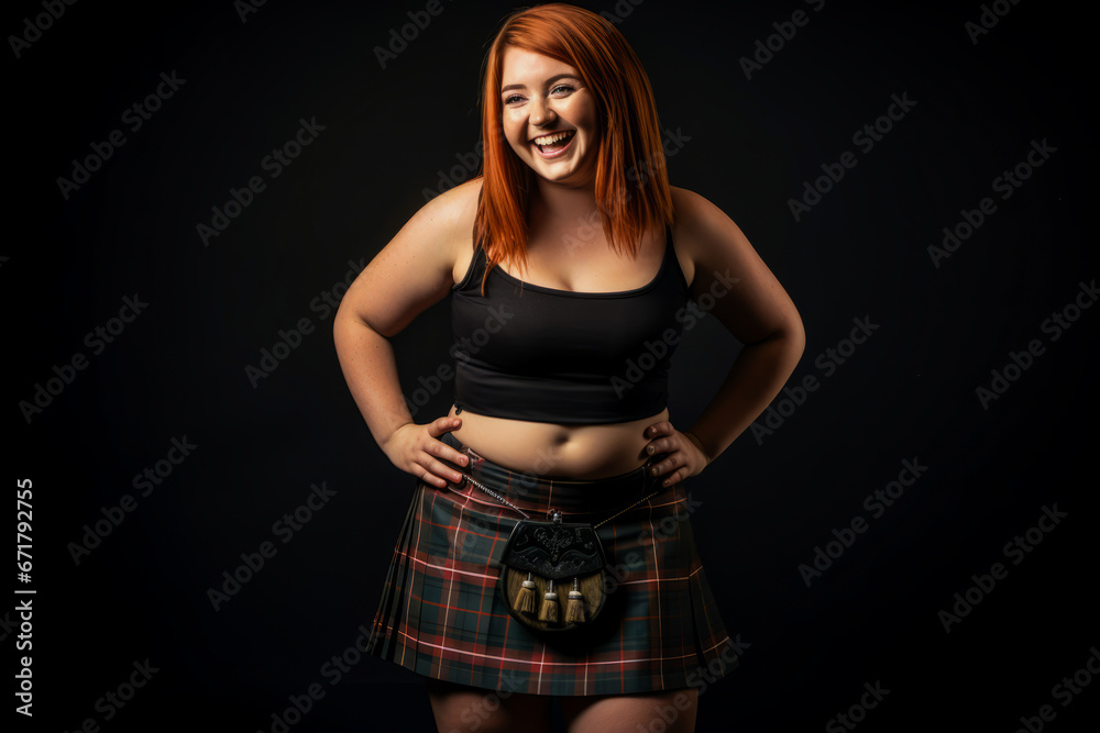 Scottish redhead woman in kilt, smiling, black background. Stock Photo ...