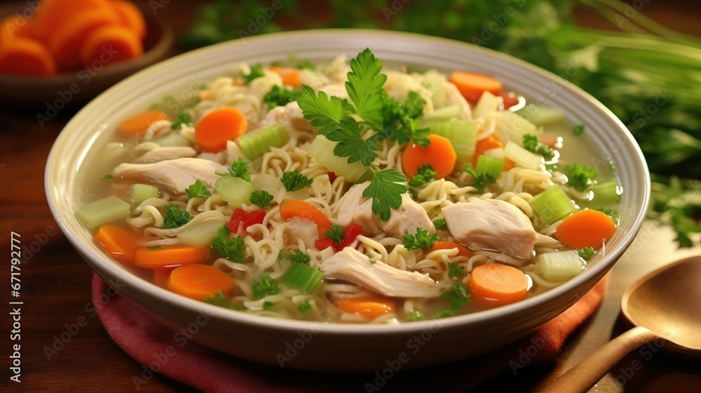 Homemade chicken noodle soup with tender chicken, perfectly cooked noodles, colorful vegetables, and rich golden broth. A comforting and nourishing meal, perfect for lunch or dinner on a cozy winter 