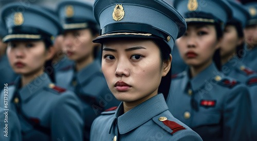 Group of Asian women in military or police uniforms standing at army ceremony or presentation. Generative AI
