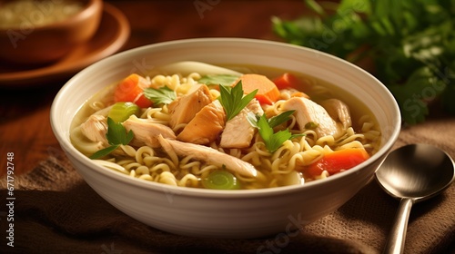 A close-up shot of a hearty bowl of chicken noodle soup with tender chunks of chicken, vibrant vegetables, and perfectly cooked noodles. The steam rises from the homemade broth