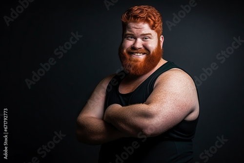 Gentle, smiling, overweight red-haired man with crossed arms on black background.
