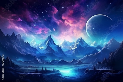 Beautiful galaxy view with night landscape  mountains  colorful technology  and new quality universal design. Generative AI