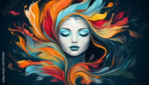 Artistic female face with melted hair painted.