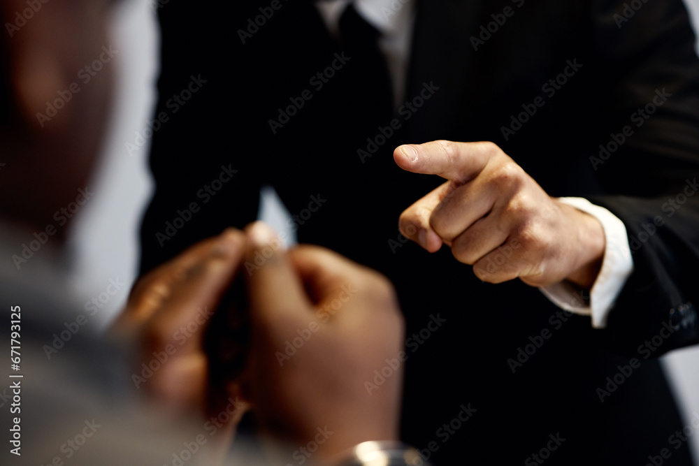 Criminal, hands pointing at man and interrogation with police officer, detective or lawyer with handcuffs. Anger, law questions and prisoner at arrest, men in legal interview for crime investigation. - obrazy, fototapety, plakaty 