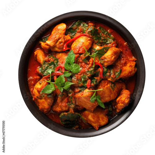 Chicken Vindaloo with spinach in black bowl isolated on white or transparent background . Portuguese Influenced Indian dish made by cooking chicken in vindaloo spice paste. 