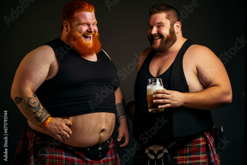 Two overweight Scottish men in kilts sharing a beer.