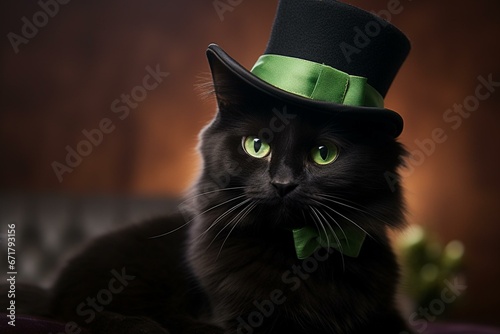 Black cat wearing a green hat on St. Patrick's Day. Generative AI
