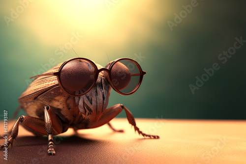 Creative animal concept. Bug insect in sunglass shade glasses isolated on solid pastel background, commercial, editorial advertisement, surreal surrealism.  © Sandra Chia