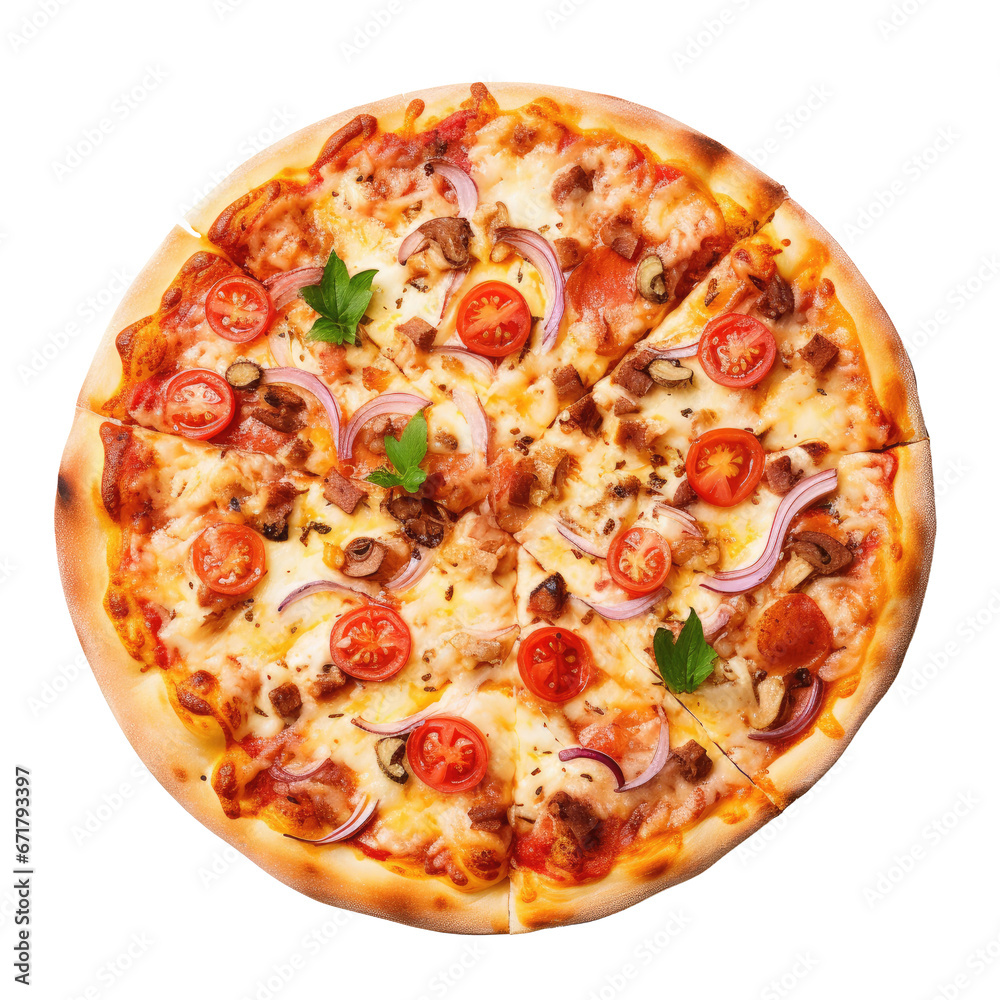 a tasty hot pizzas. Italian cuisine, menu, and recipe Homemade meat, vegetables, mushrooms, beef, and tomato pizza pizzas isolated on a white or transparent background, top view