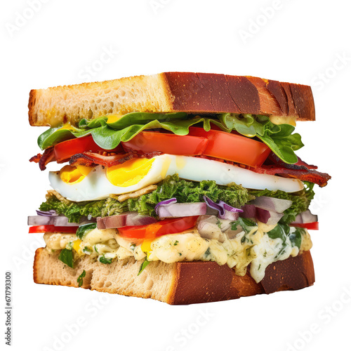 a bread sandwich with ham, cheese, tomatoes, lettuce, and toasted bread. The above view is isolated on a white or transparent background. 