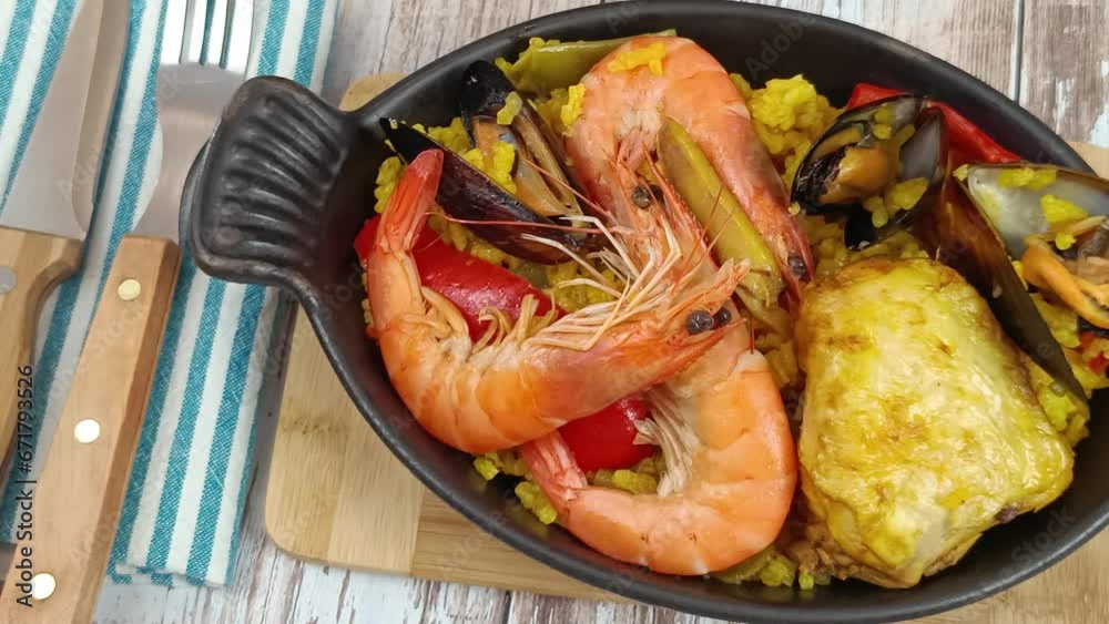 plat de paella, en gros plan, sur une table