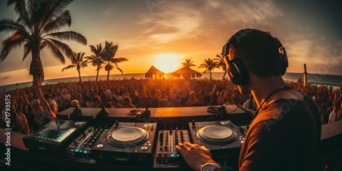 DJ Igniting the Beach Party at Sunset. Generative ai photo