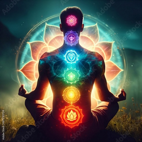 Yoga meditation outdoors. Man sits in a Lotus pose in nature. Colorful chakras and aura glow. Kundalini energy. Zen practicing. Spiritual practice. Relaxation. Esoteric. Generative AI photo