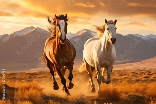 Majestic wild horses galloping through a golden field. 