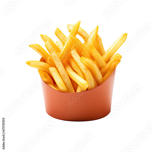 a potato French frites, chips, or junk foods with cups or paper bag on a white or transparent background, clipping path .side view.