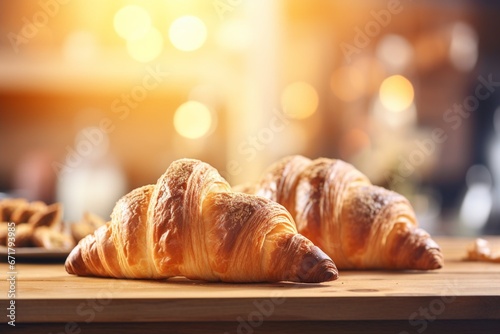 Golden Sunlit Croissants on Wooden Table with Bokeh Panorama photo
