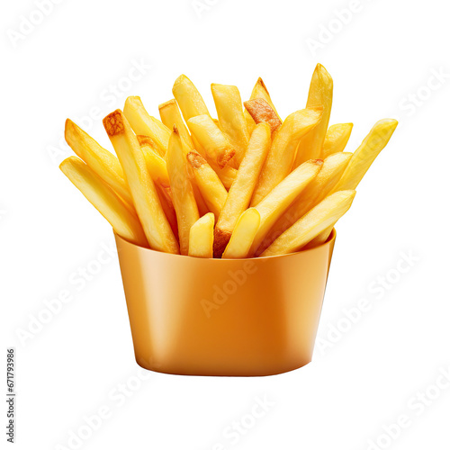 potato French frites, chips, or junk foods with cups or paper bags on a white or transparent background, clipping path .side view.