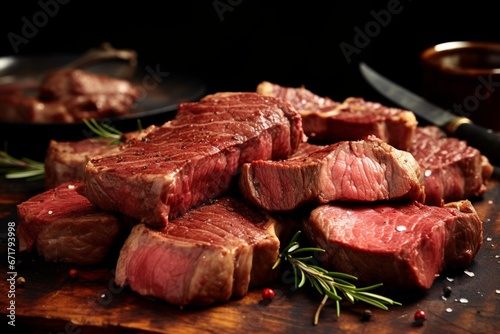 Dark Hued Steaks on Wooden Board with Fresh Rosemary and Vegetables photo