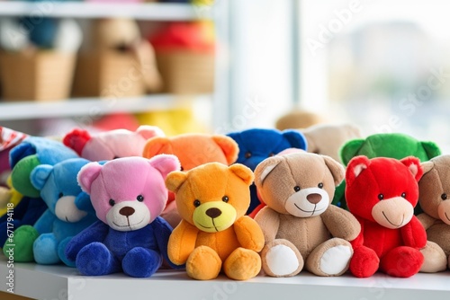 Colorful Stuffed Bears in Office and Store Settings photo