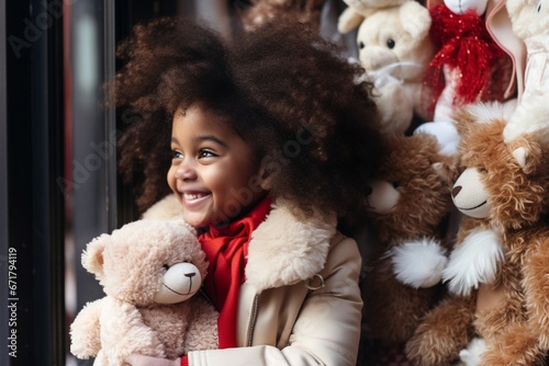 Smiling Young Girl with Teddy Bears in Vibrant Colorism Style photo