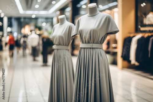 Elegant Mannequins in Shopping Mall Displaying Silver and Gray Fashion
