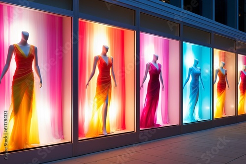 Glowing Storefront Display with Graceful Mannequins and Neon Lights