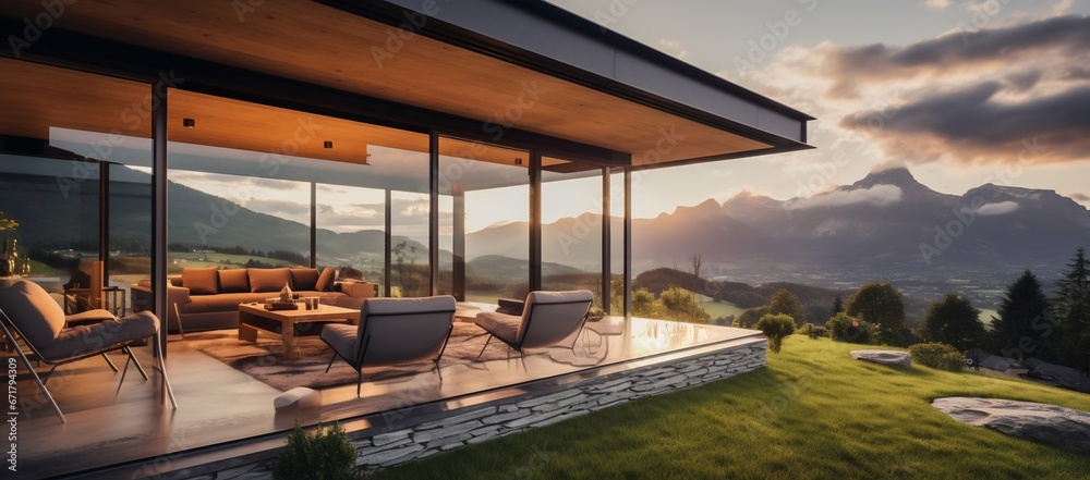 Fototapeta premium Luxury Villa with Mountain Views: Modern Minimalist Glamping. Generative ai