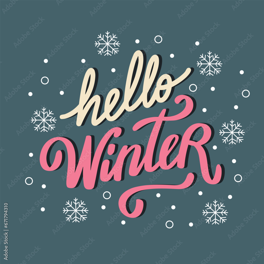 Hello Winter text banner. Handwriting lettering hello Winter square composition. Han drawn vector art
