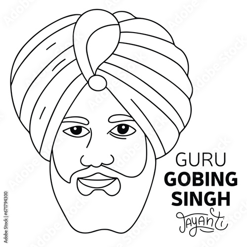Guru Gobing Singh Jajanti outline square banner. Guru Gobing Singh face banner. Hand drawn vector art