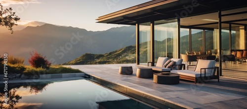 Luxury Villa with Mountain Views: Modern Minimalist Glamping. Generative ai © Scrudje