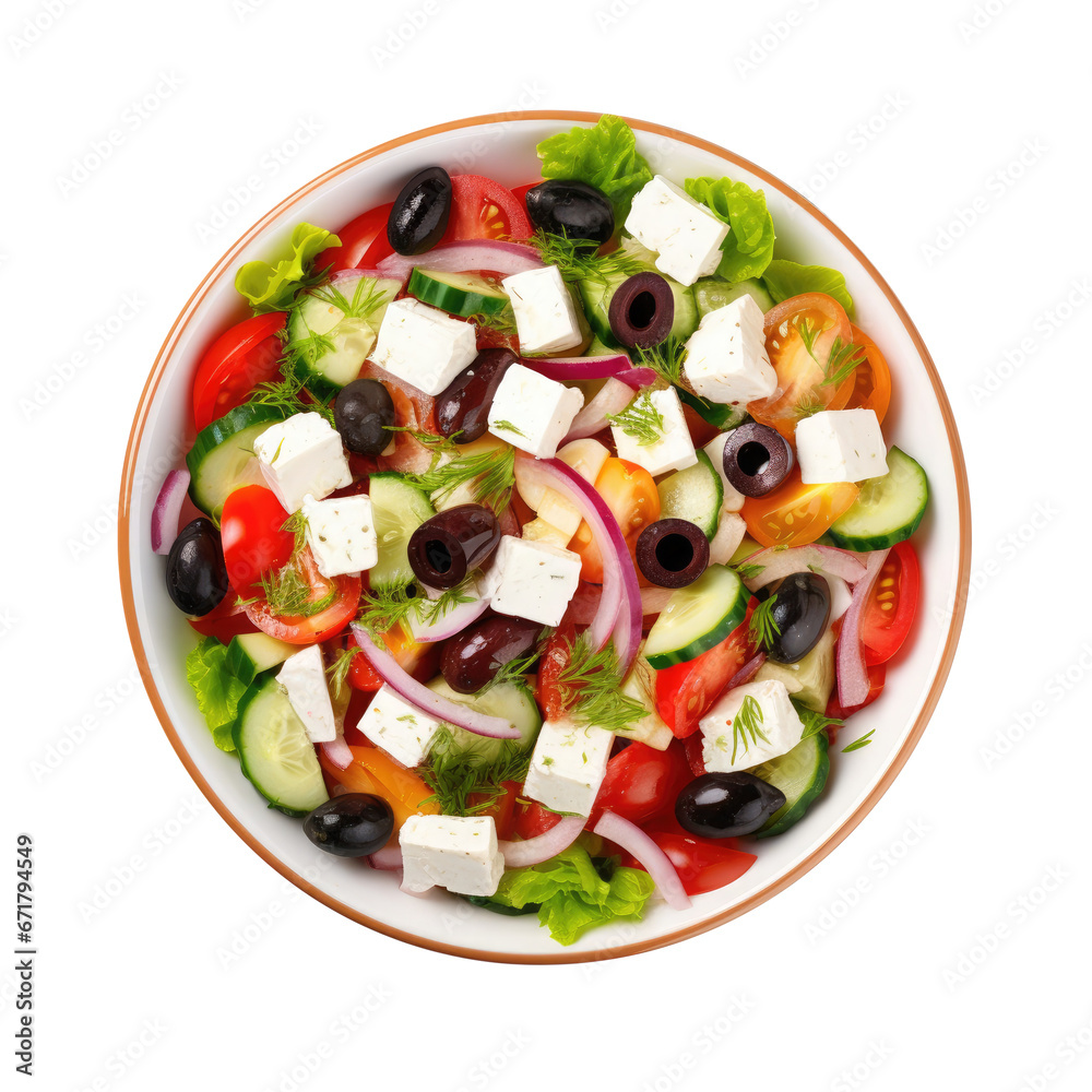 Greek salad, vegetables, Horiatiki salads with fresh tomatoes, cucumbers, onions, and feta cheese on plate, summer meal isolated on a white or transparent background with a clipping path, top view.	