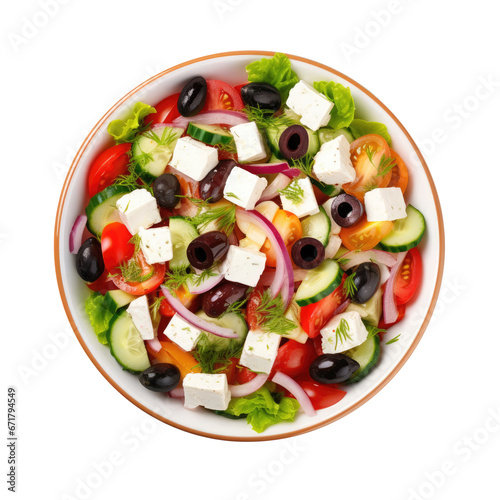 Greek salad, vegetables, Horiatiki salads with fresh tomatoes, cucumbers, onions, and feta cheese on plate, summer meal isolated on a white or transparent background with a clipping path, top view. 