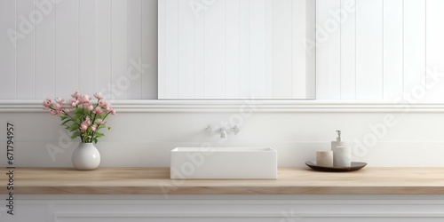 Wooden Table Display in Pristine White Bathroom Interior. Generative ai © Scrudje